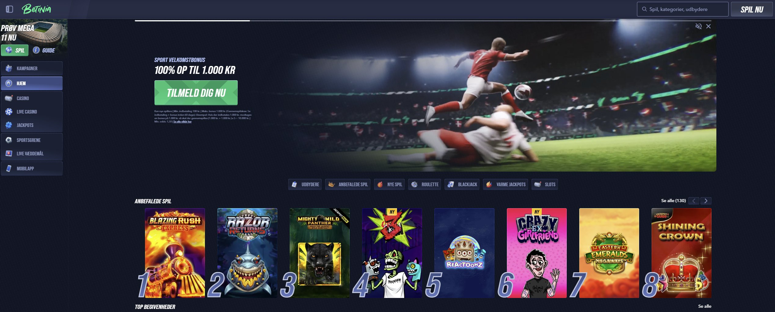 Betinia lobby – sport velkomstbonus, anbefalede spil og casino kategorier
