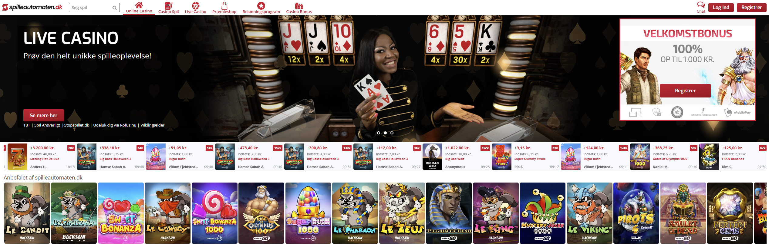 Spilleautomaten.dk lobby – live casino, velkomstbonus og anbefalede spil