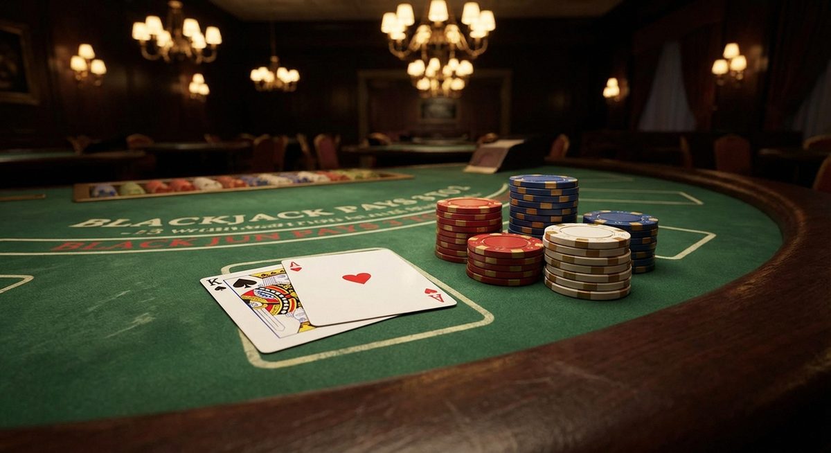 Blackjack bord med kort og casino chips