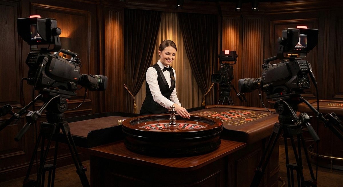 Professionel live casino dealer ved roulettebordet