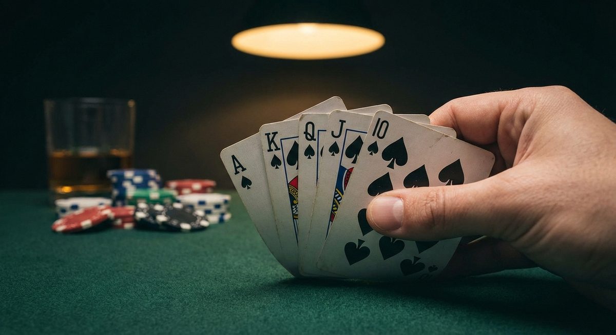 Casino poker hånd med royal flush og chips